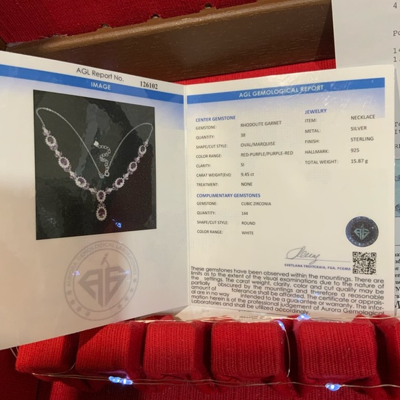 Custome 14ct violet red garnet necklace (w) certificate and apraisal documents. - Picture 6 of 9